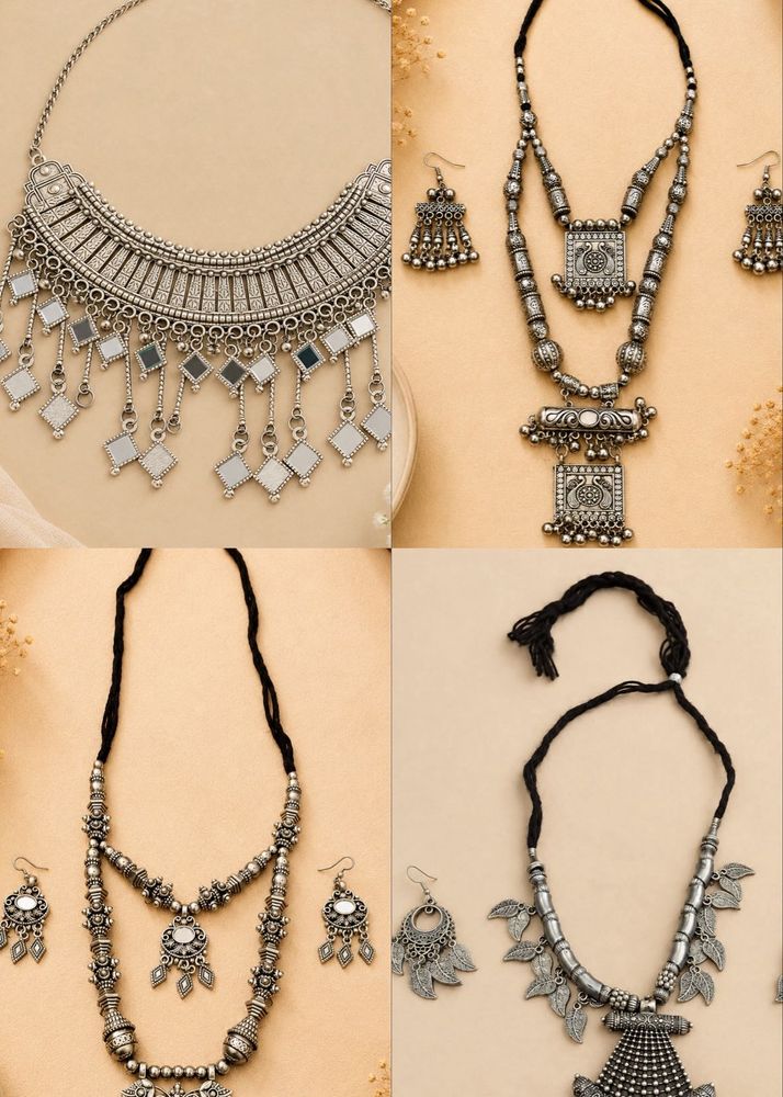 Boho Oxidized Silver Necklace &amp; Earring Set