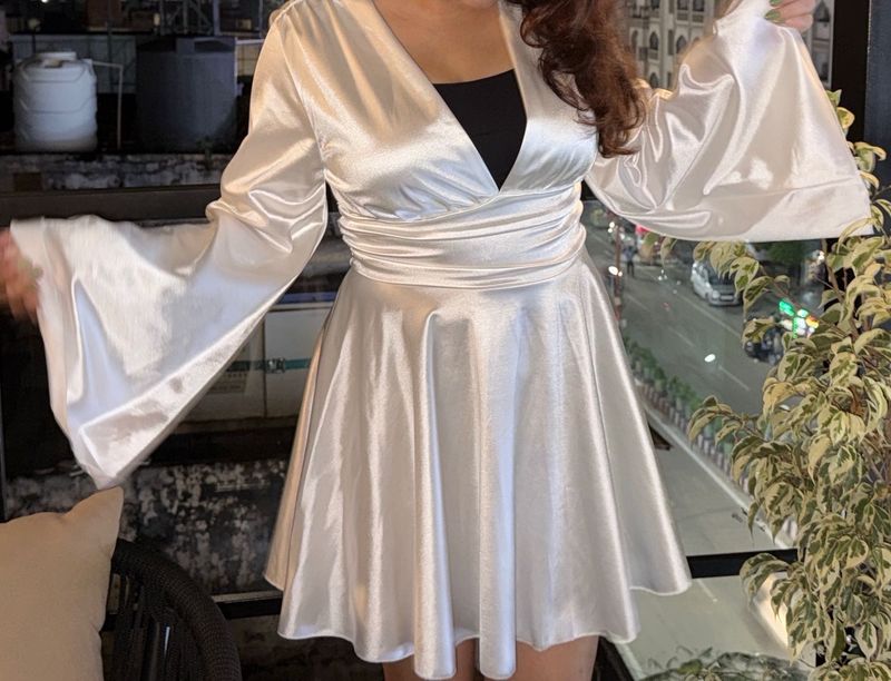 Elegant Satin Mini Dress with Bell Sleeves
