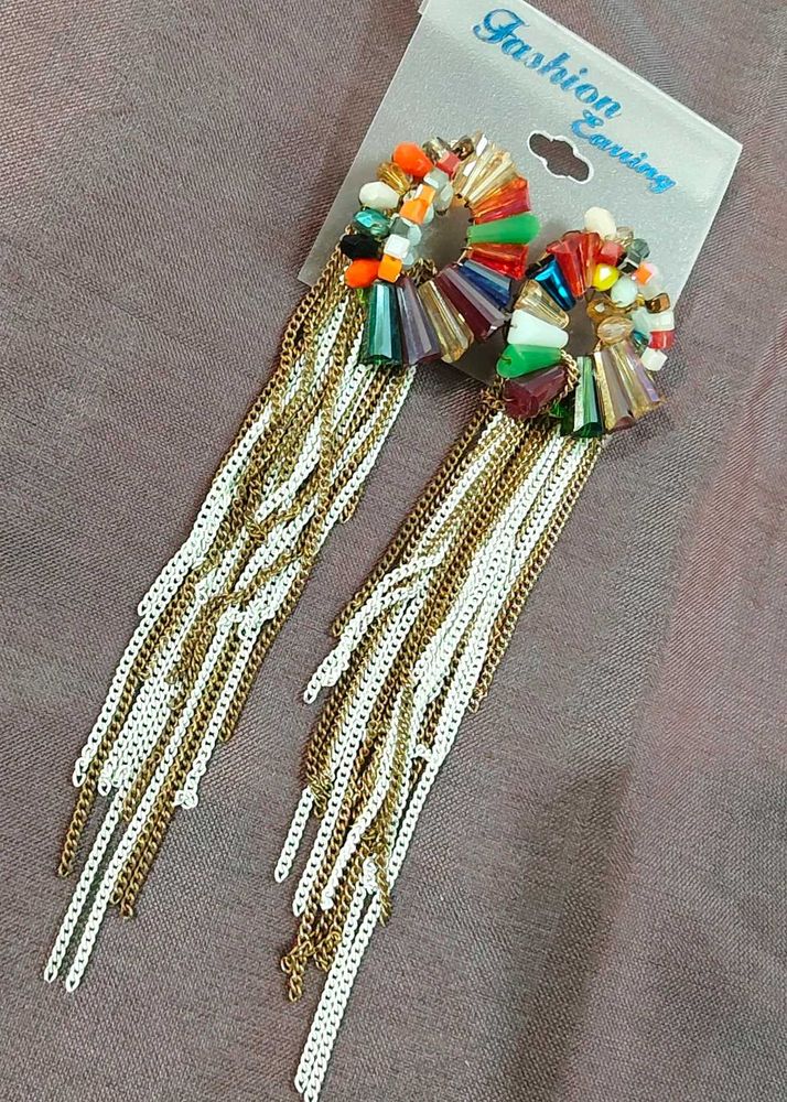 Colorful Beaded Stone Chain Earrings