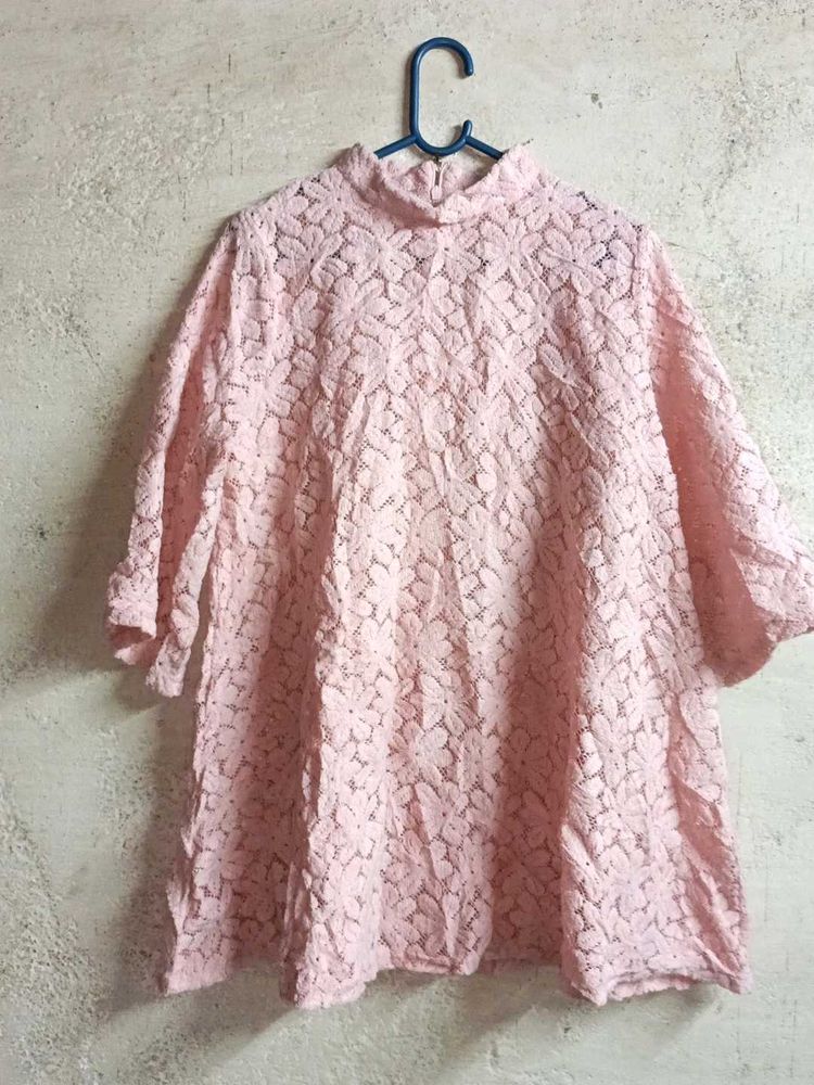 Pink Lace Mock Neck Top Sheer