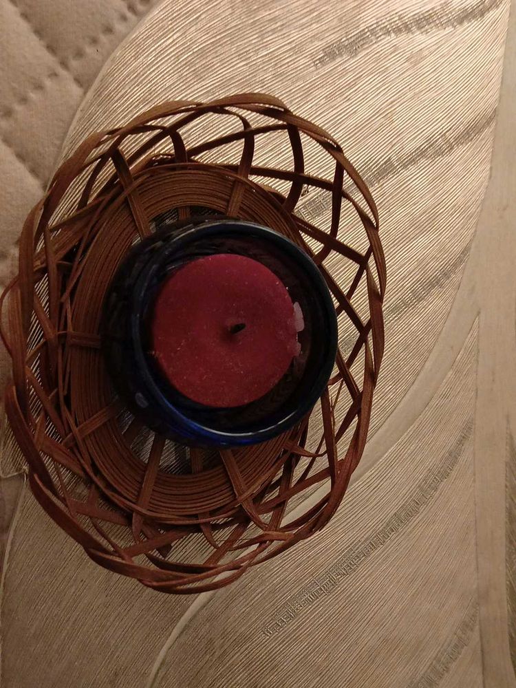 Rustic Woven Candle Holder with Red Candl
