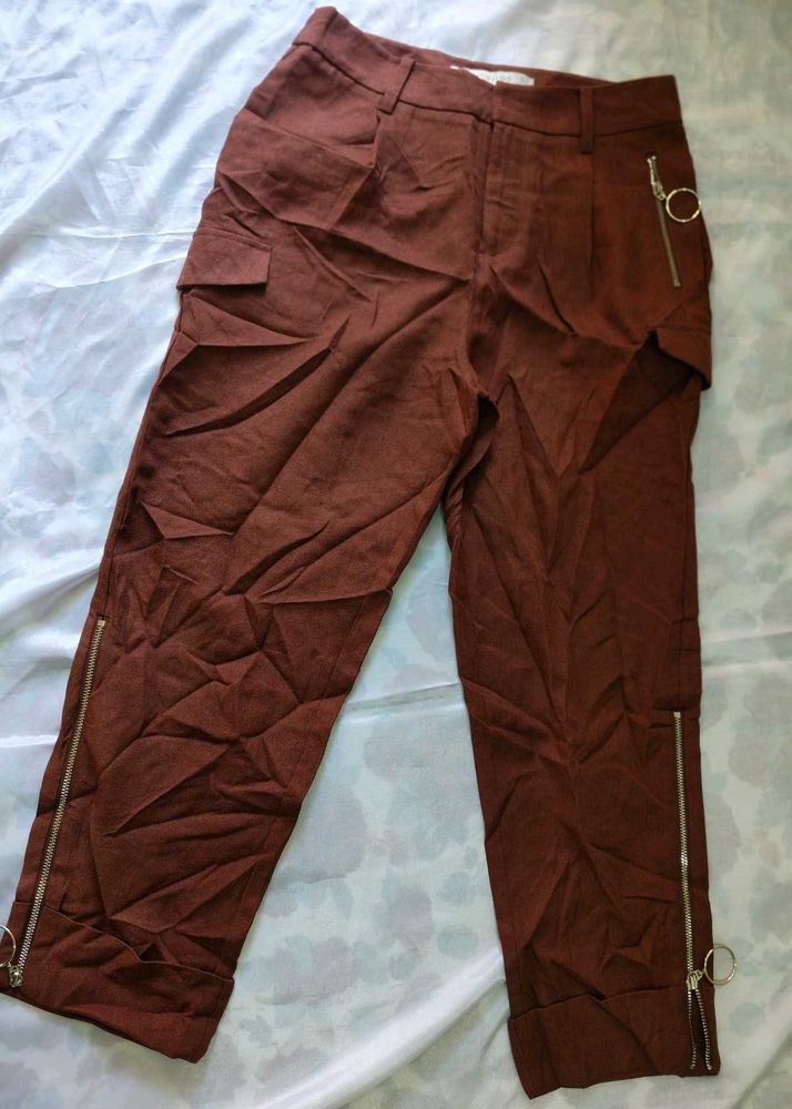 Brown Cargo Pants with Zipper Accents