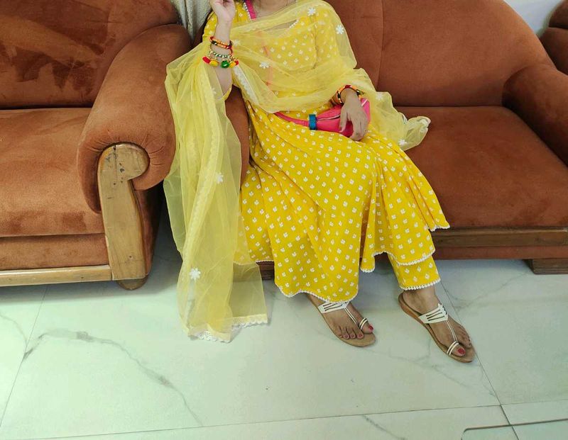 Yellow Polka Dot Kurta Set with Dupatta