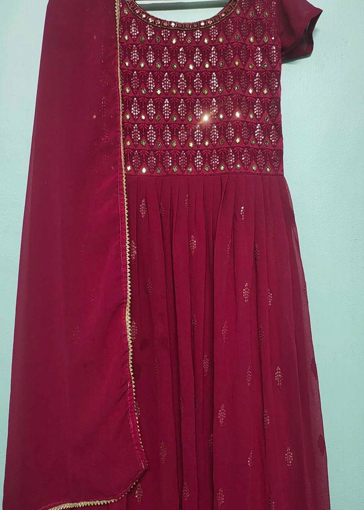 Elegant Maroon Embroidered Gown with Dupatta