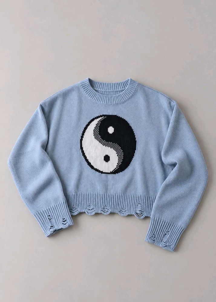 BABY BLUE YIN YANG DISTRESSED CROPPED SWEATER