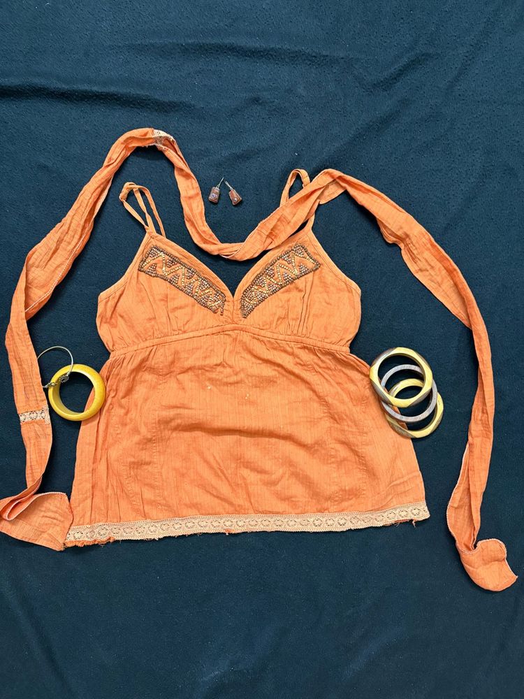 Indo Western Orange Beaded Kurti Top Set