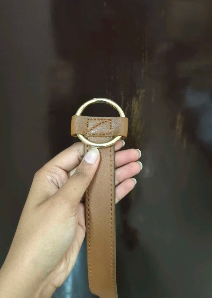Stylish Brown Leather Belt with Gold Ring