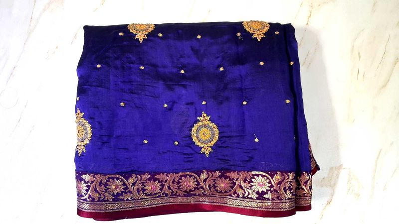 Royal Blue Embroidered 100 % Pure Silk Saree
