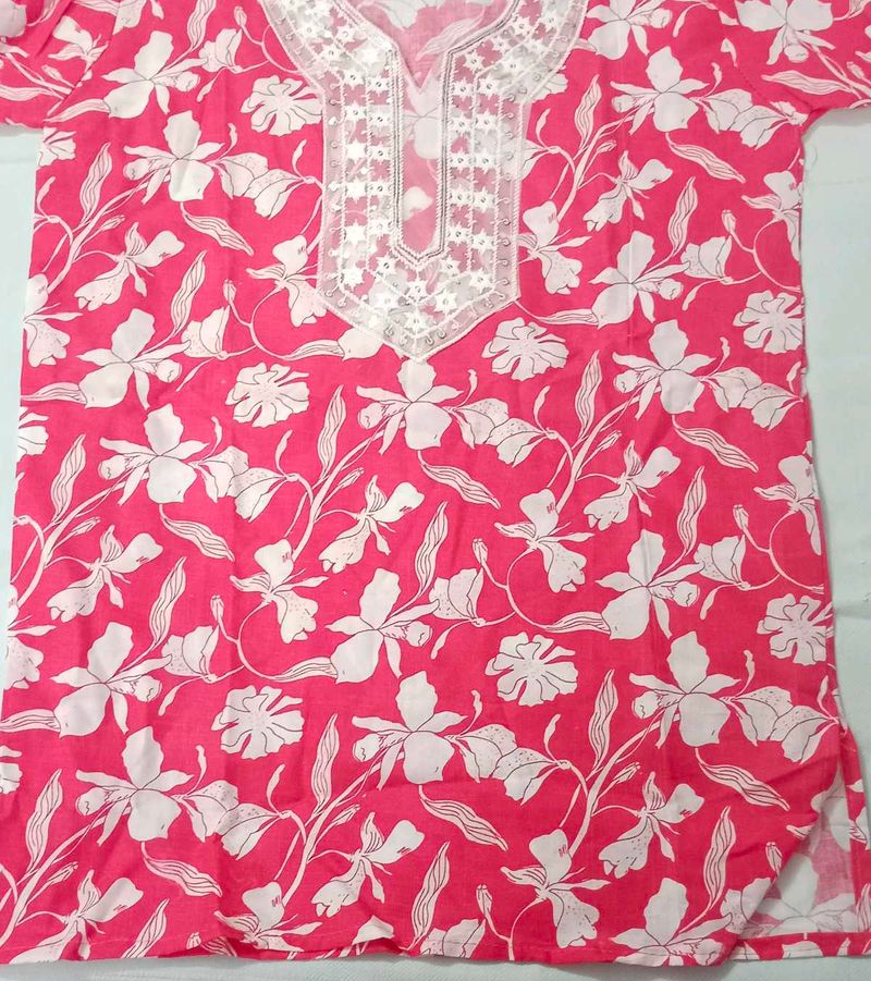 Pink Floral short Kurta with White Embroidery