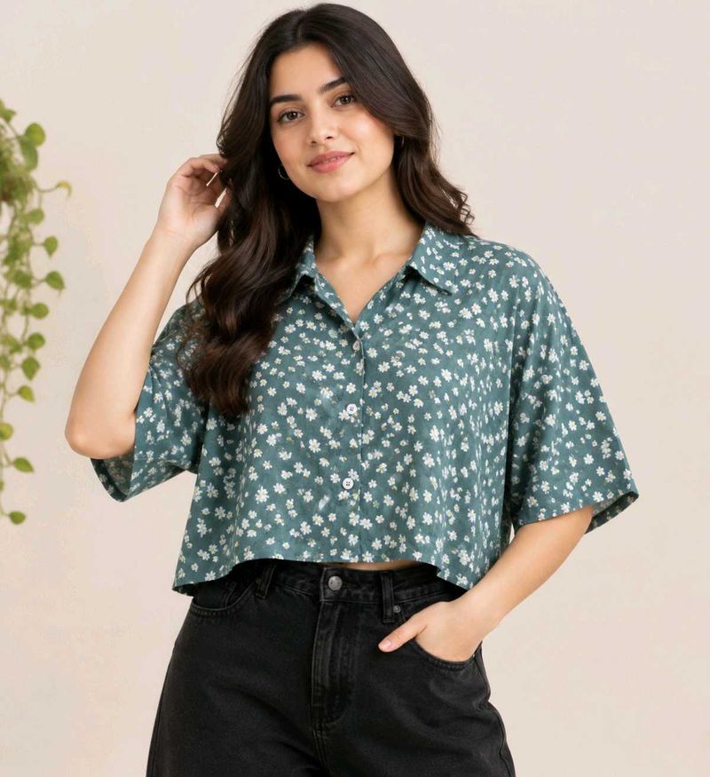 Cute Floral Print Cropped Shirt