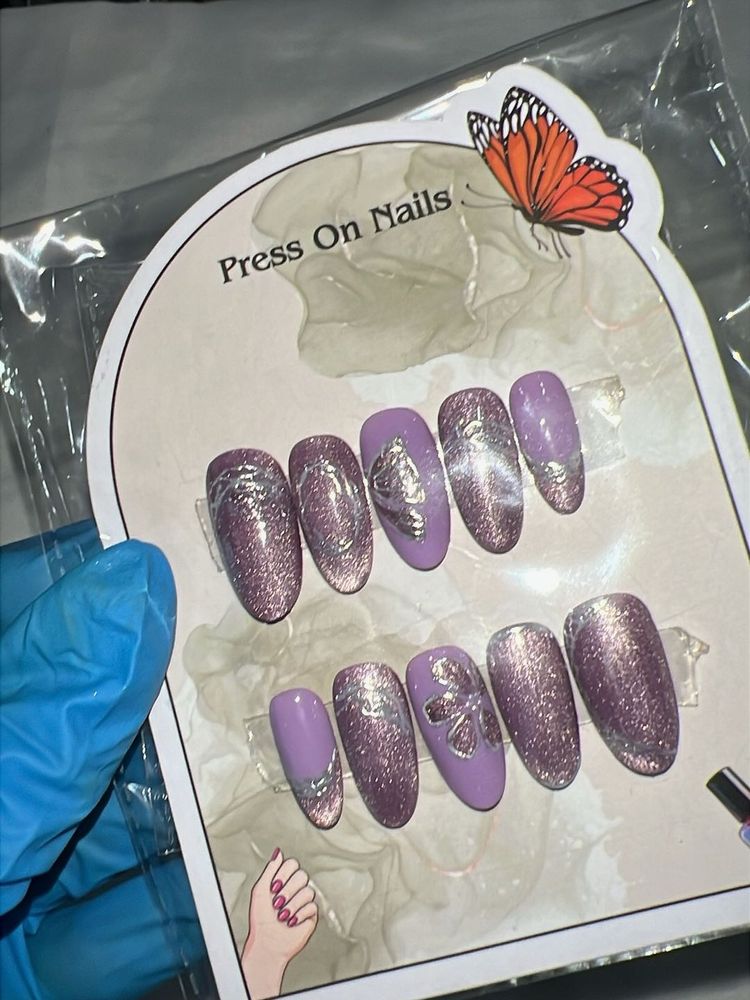 Press On Nails - Lavender Butterfly Design