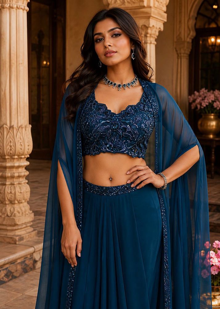 Exquisite Teal Sequined Lehenga Set