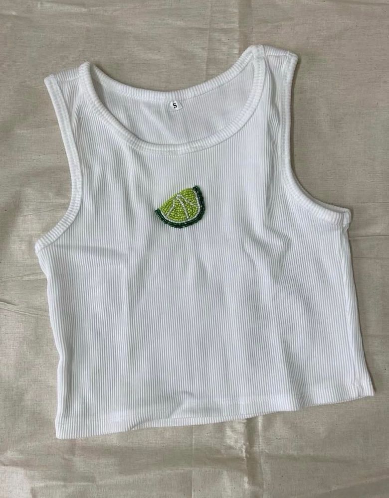 White Ribbed Ibiza Crop Top with Lime embroidery