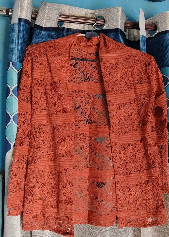 Orange Net Full Sleeve Womens Shrug