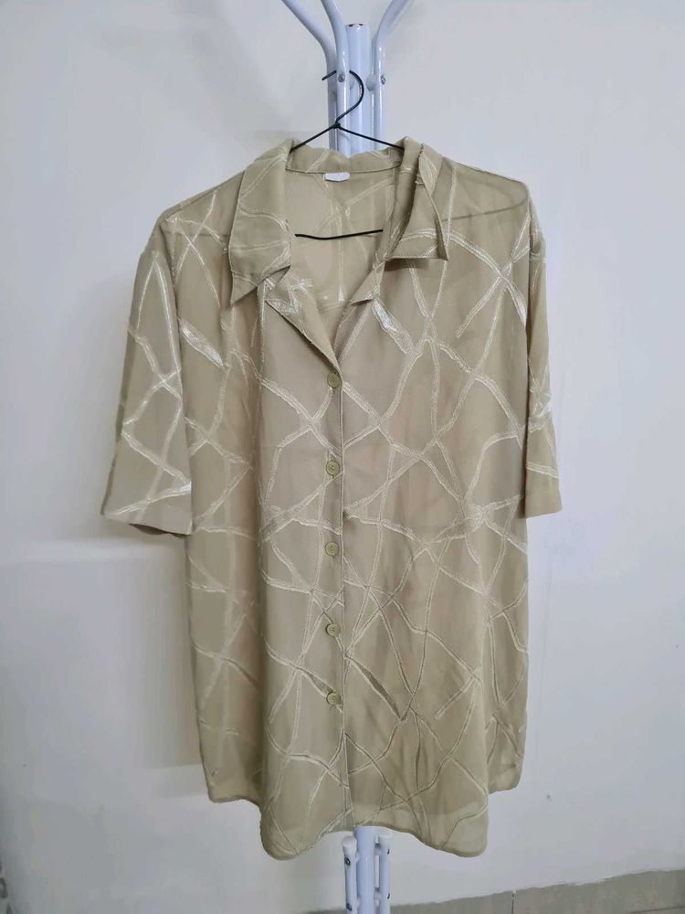 Sheer Geometric Print Button-Up Shirt
