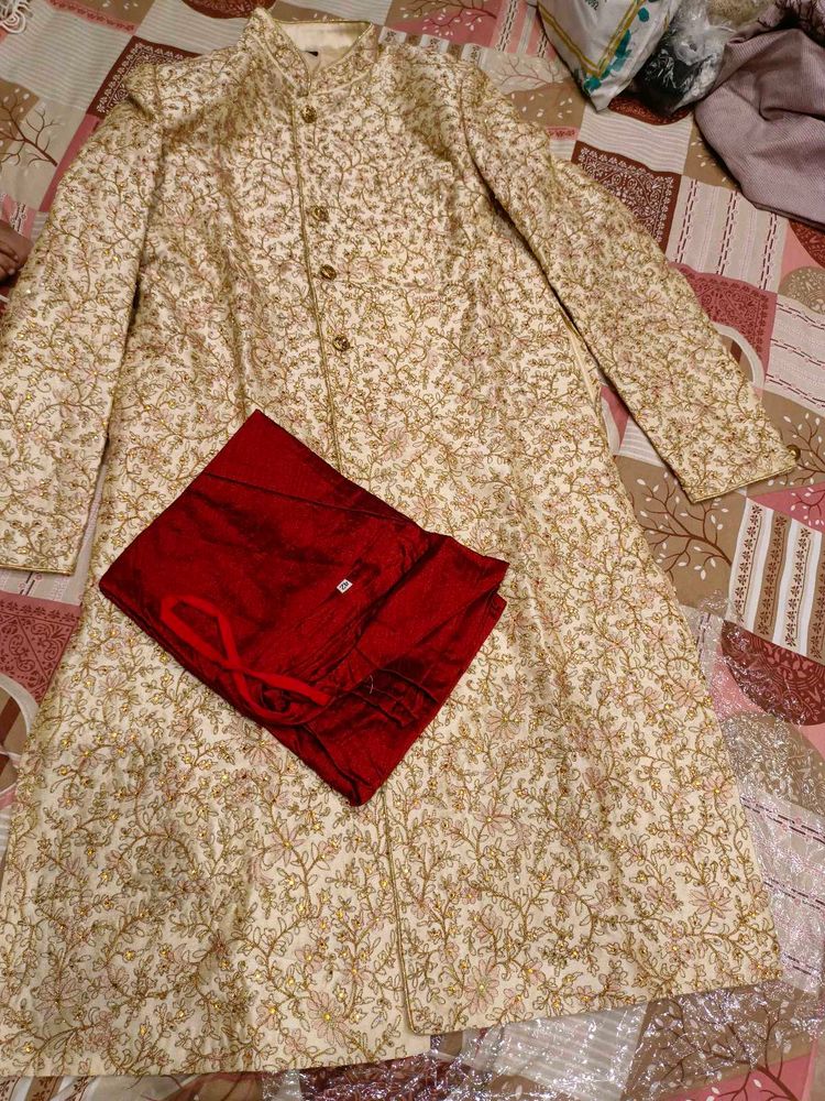 Men's Cream Embroidered Sherwani