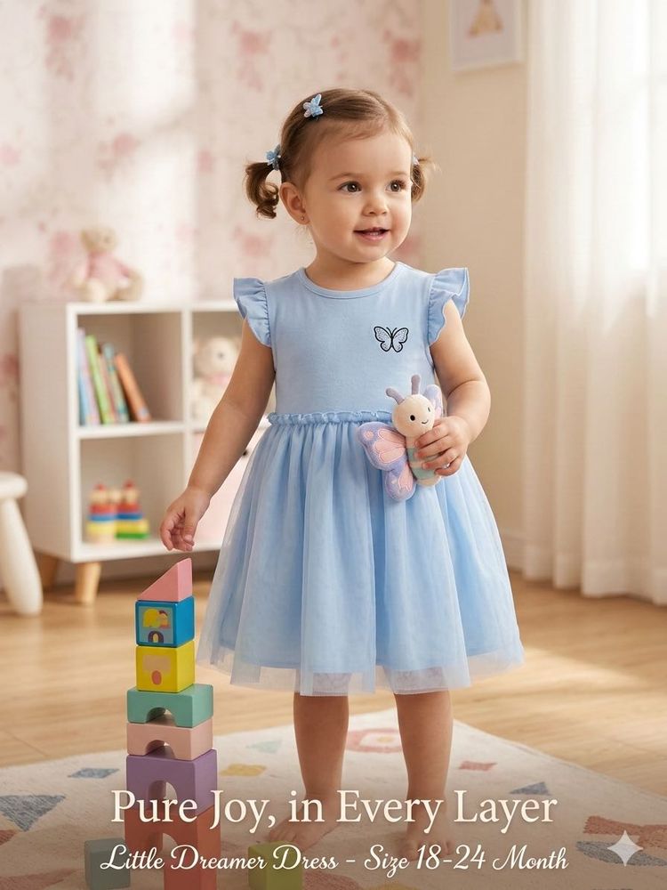 Adorable Blue Tulle Dress with Butterfly Accent
