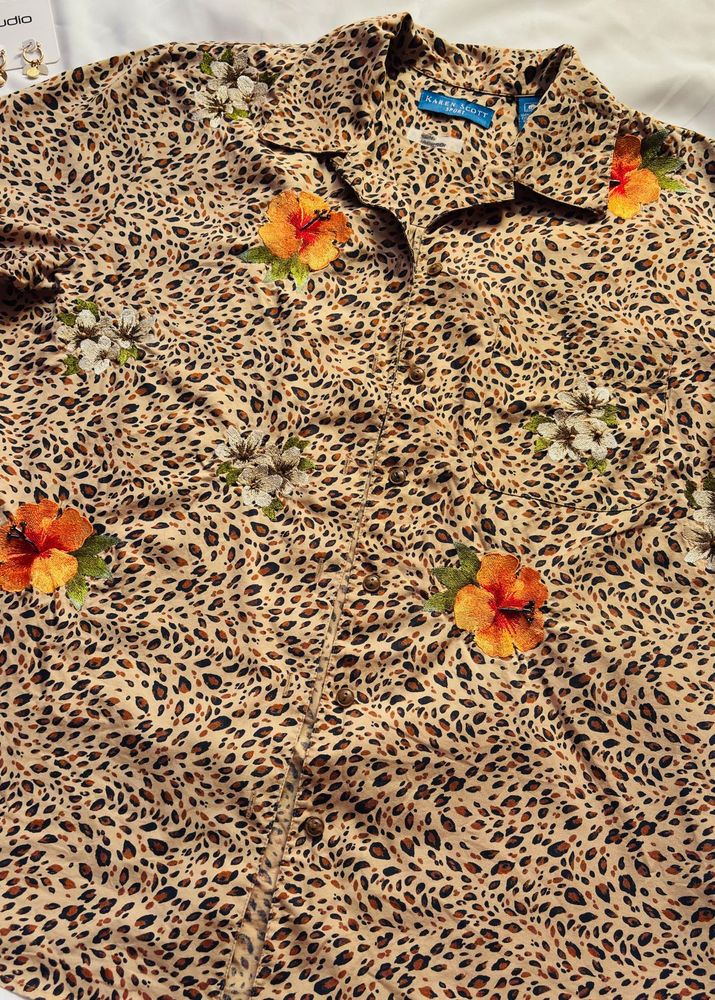 Leopard Print Floral Button-Up Shirt