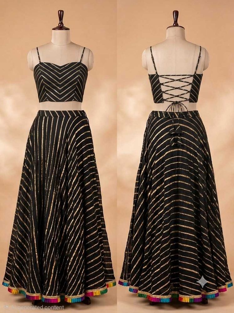#Navratri Stylish Black &amp; Gold Striped Lehenga Set