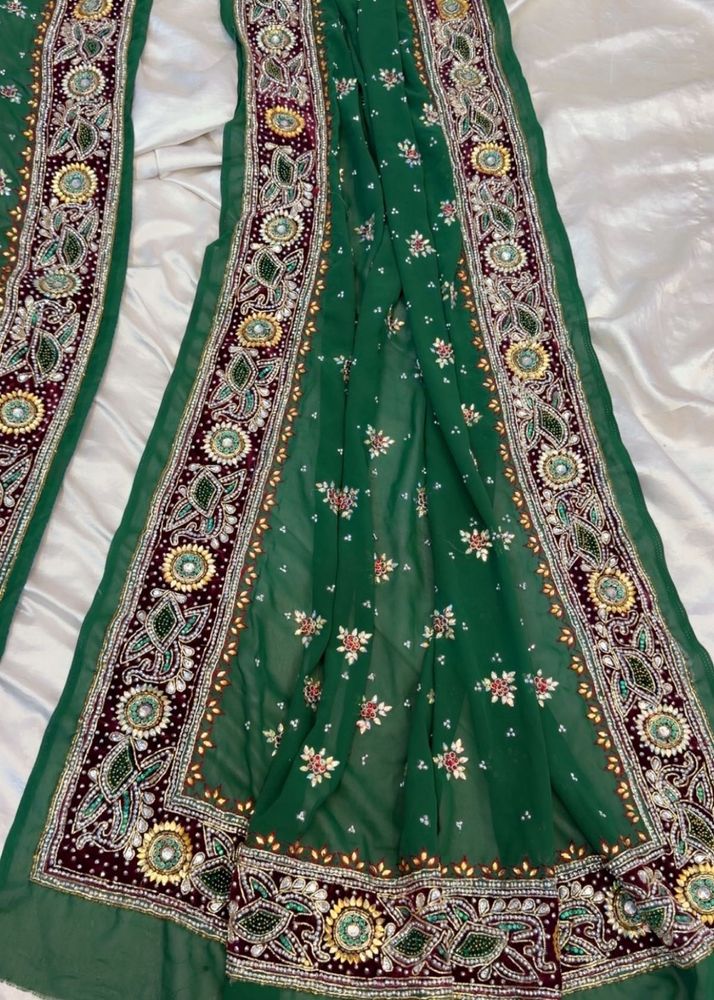 Embroidered Green Chiffon Saree