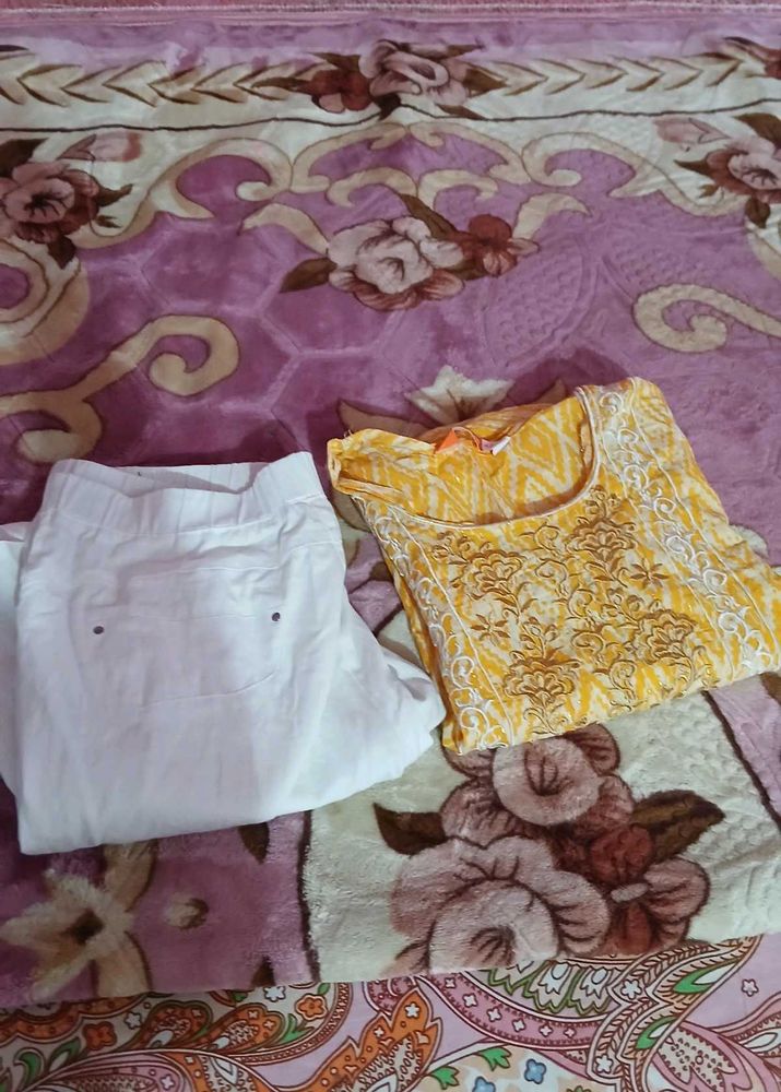 Yellow Printed Kurta with White Pants