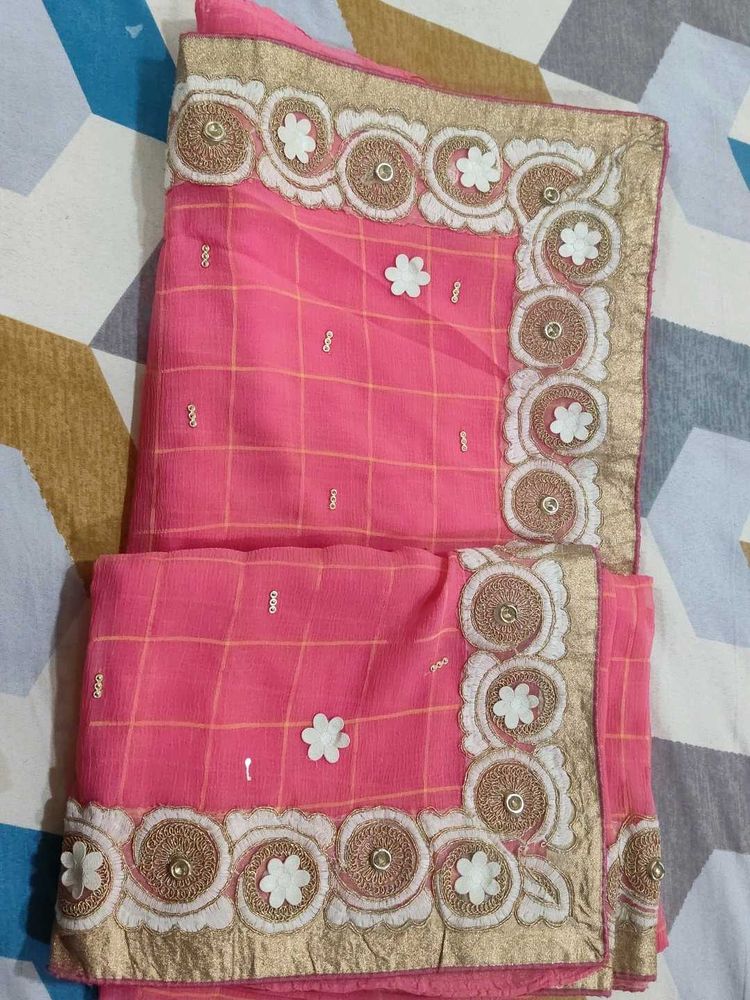 Elegant Pink Saree with Gold Border