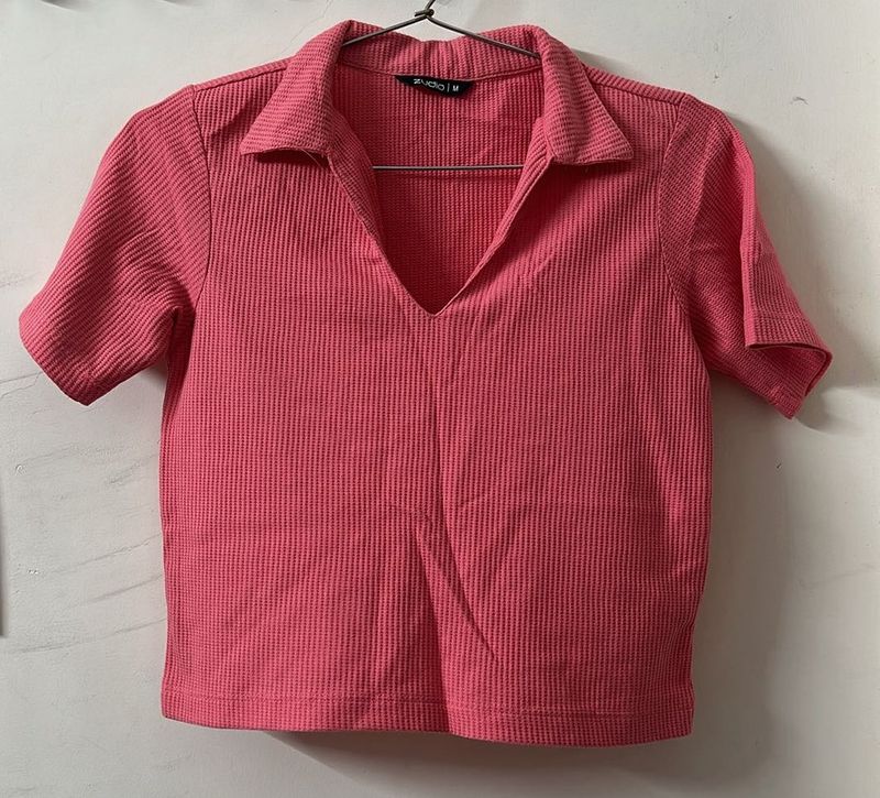 Pink Ribbed Collared V-Neck Top