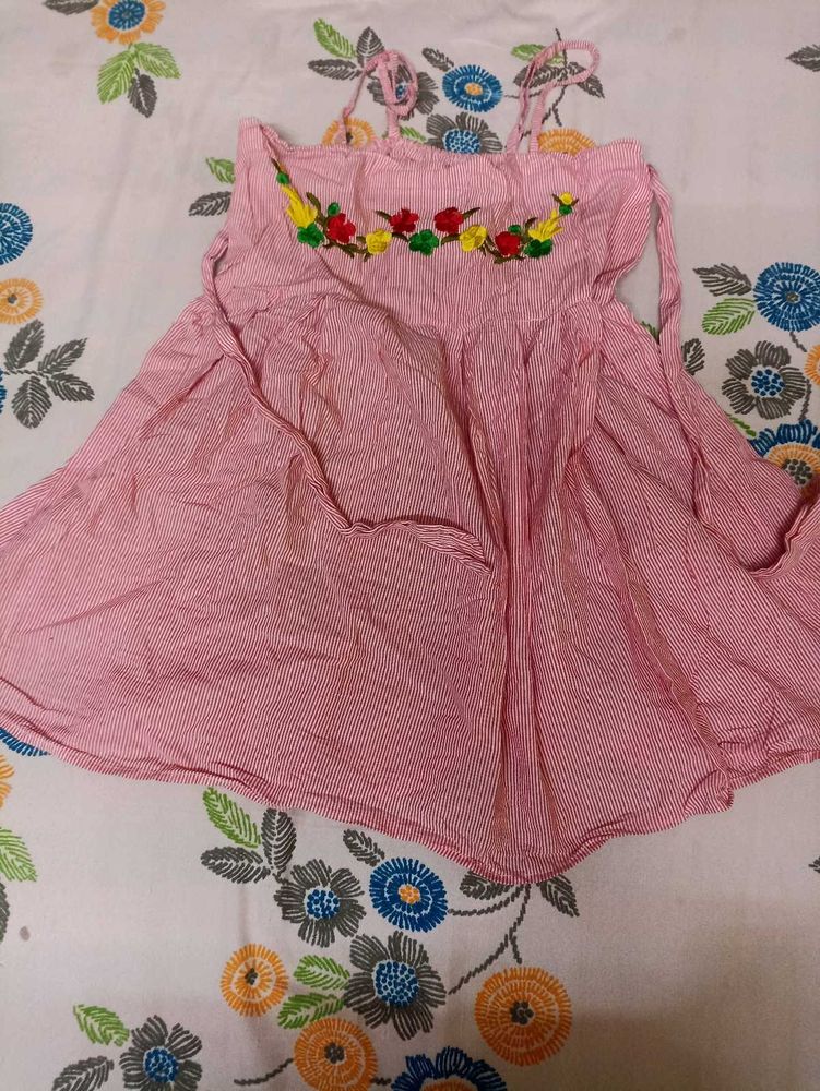 Cute Embroidered Pink Striped Dress