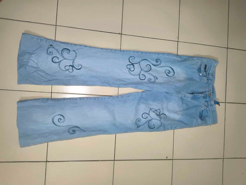 Light Blue Embroidered Bell Bottom Jeans