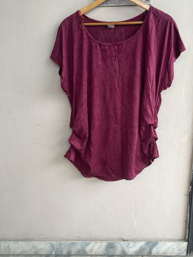 Maroon Gathered Hem T-Shirt