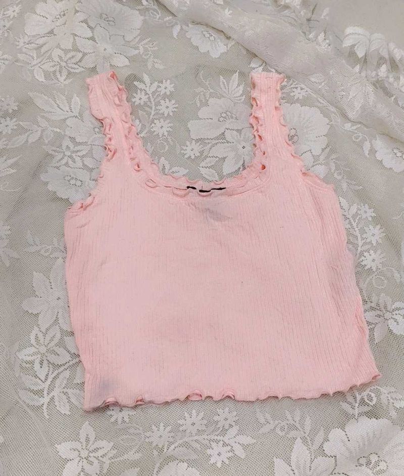 Cute Pink Ribbed Lettuce Trim Tank Top