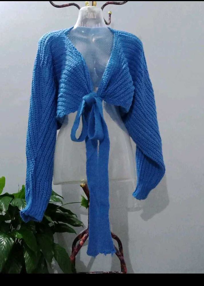 Blue Tie-Front Knit Shrug