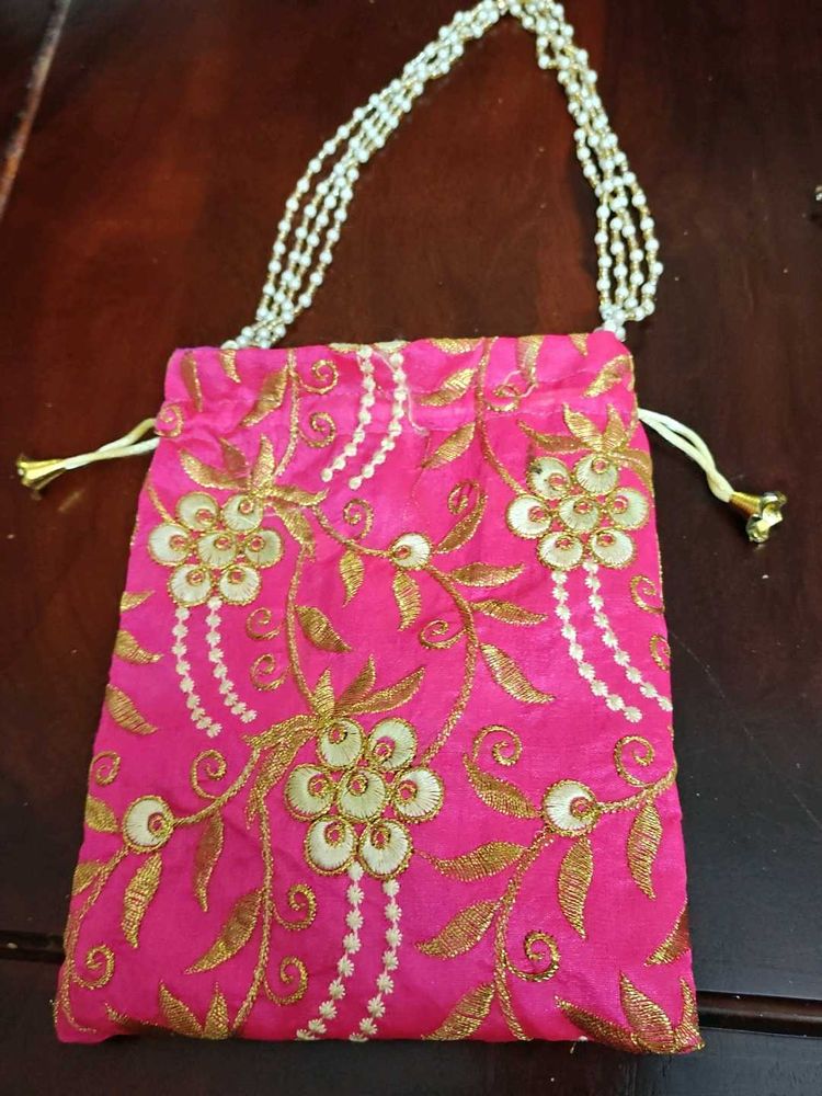 Vibrant Pink Embroidered Drawstring Pouch