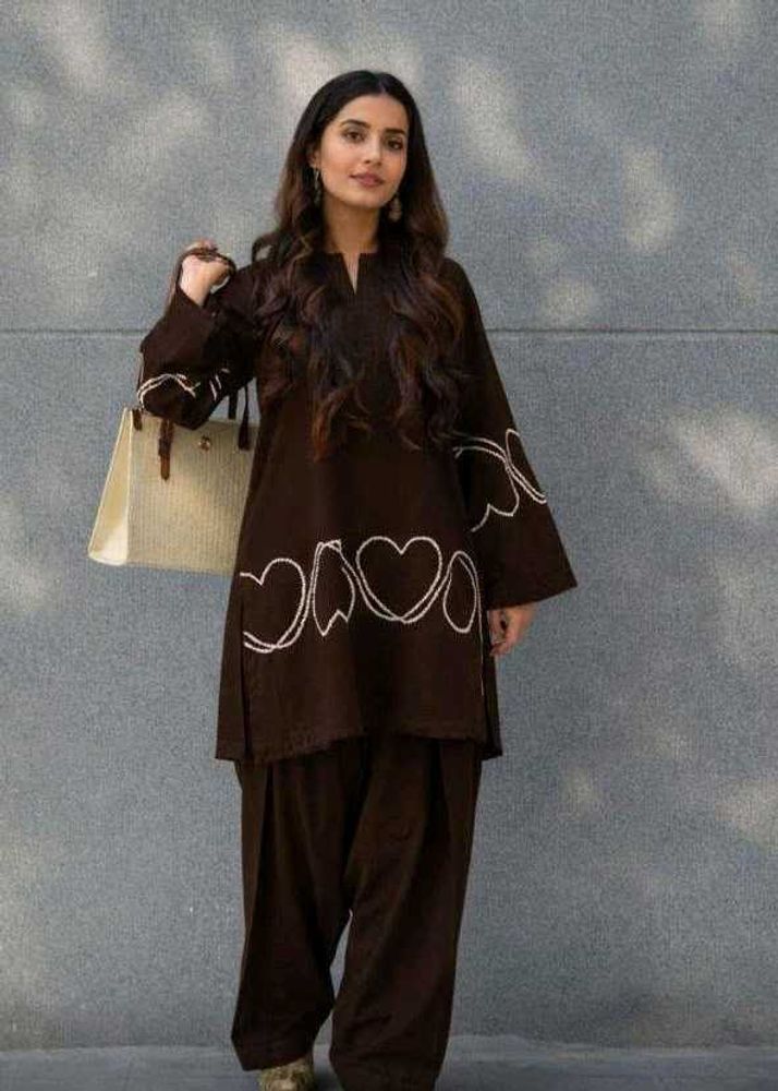 Chic Brown Kurta Set with Heart Detail