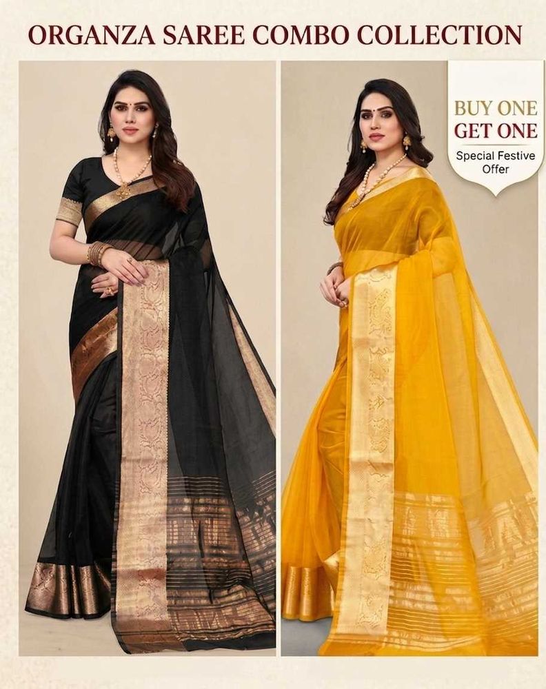 Organza Saree Combo - Black &amp; Yellow