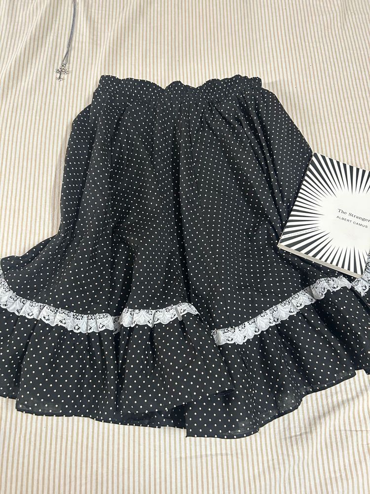 Black Polka Dot Skirt with Lace Trim