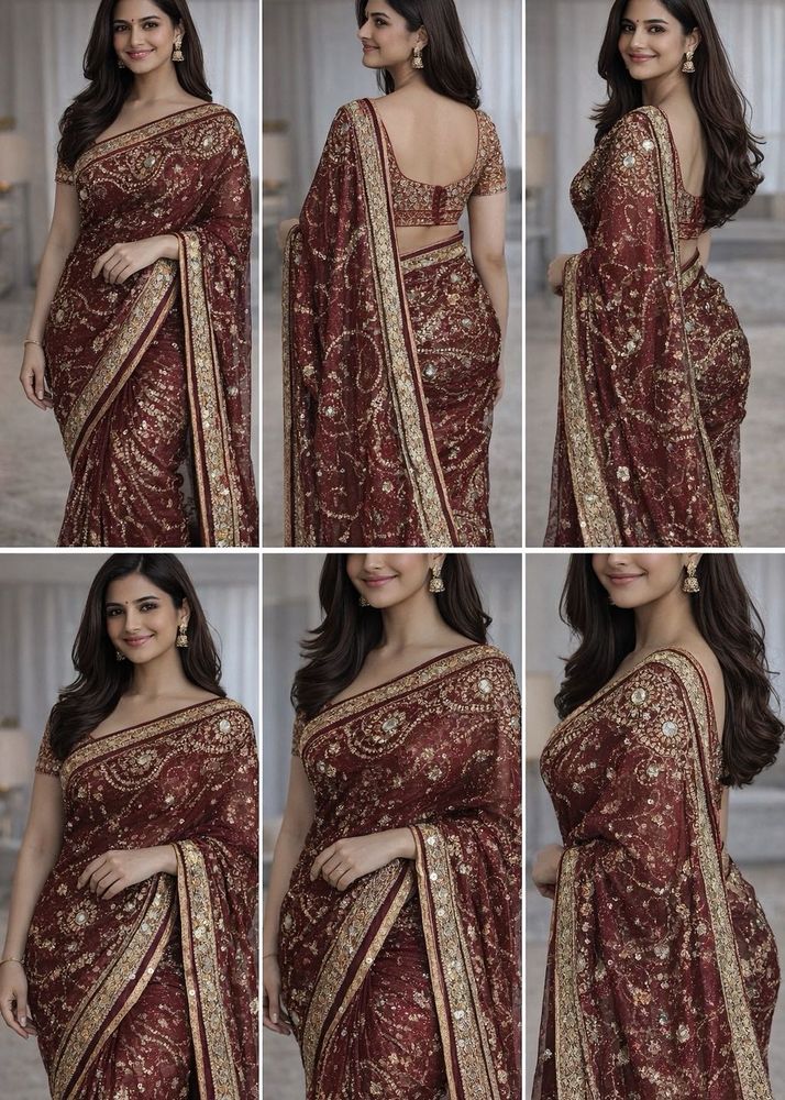 Elegant Maroon &amp; Gold Embroidered Saree