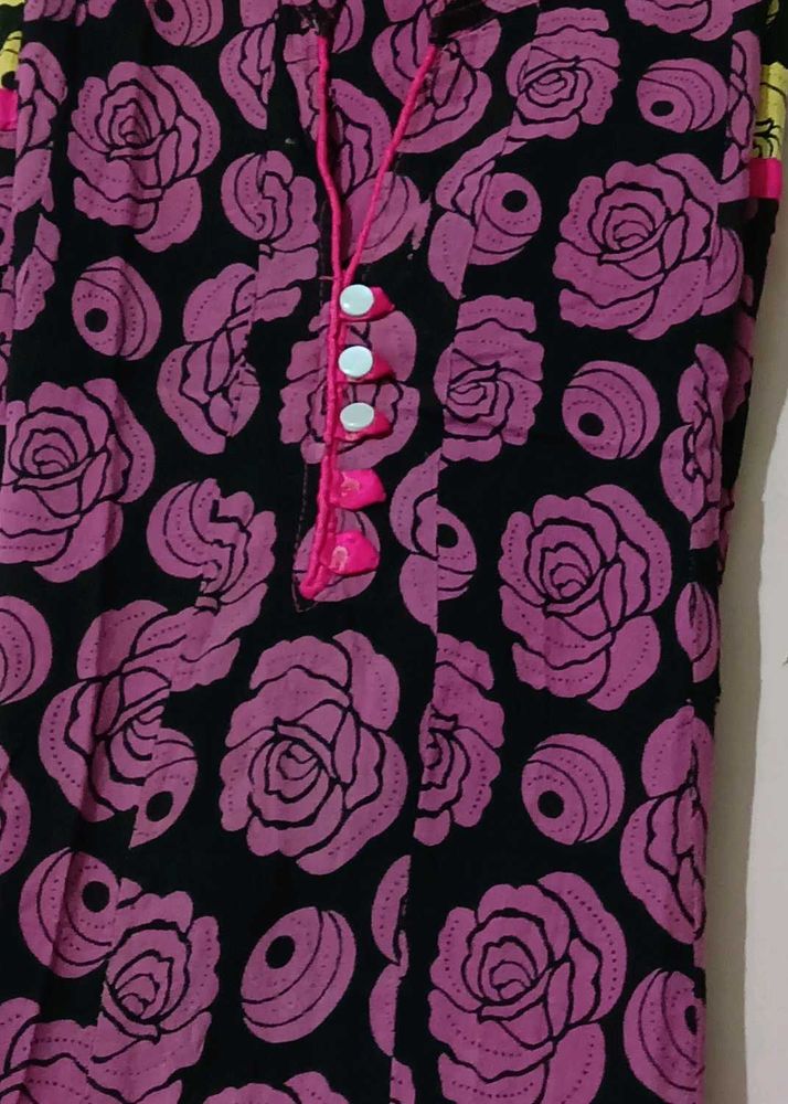 Black Kurta with Pink Rose Print