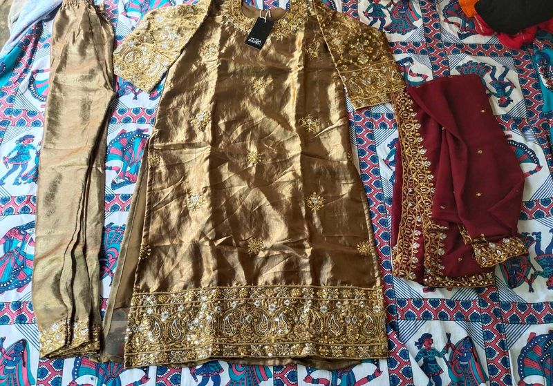 Golden Embellished Kurta Set with Dupatta
