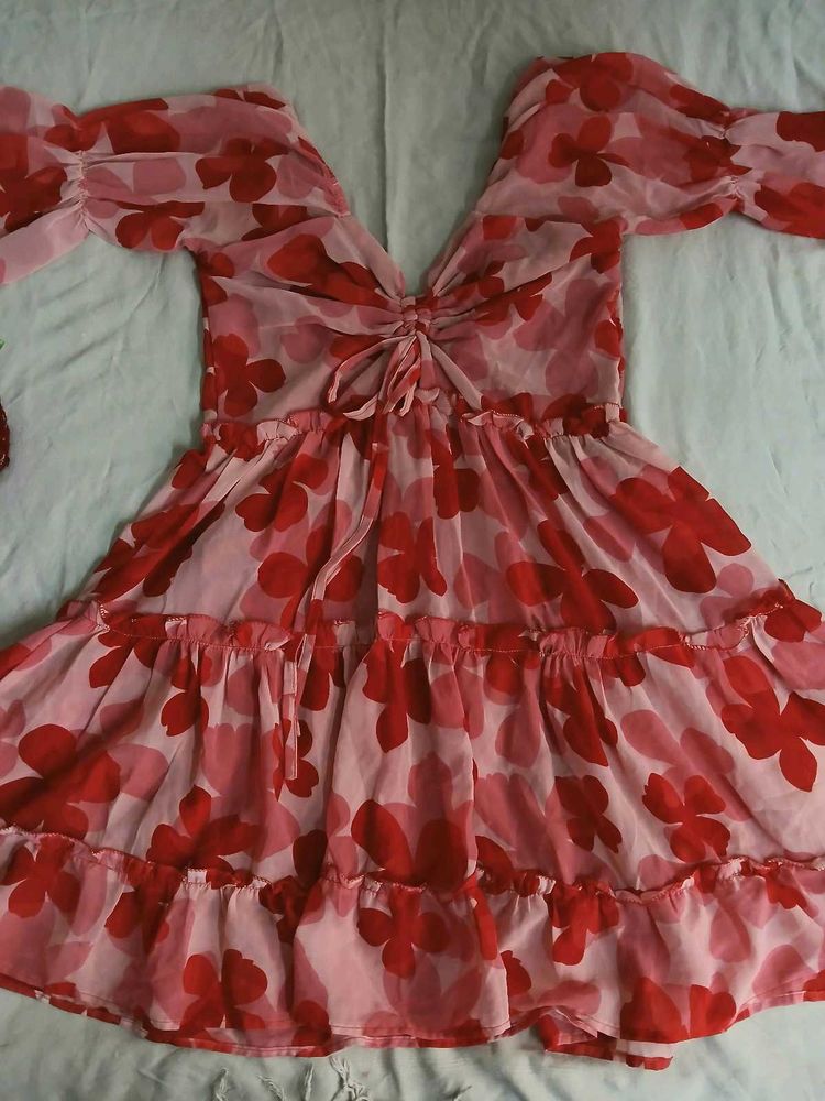 Romantic Floral Ruffle Mini Dress – Pink &amp; Red