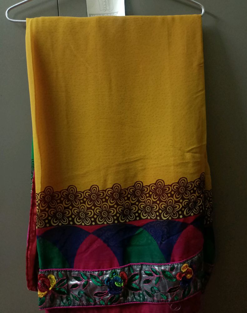 Vibrant Yellow Saree with Floral Border