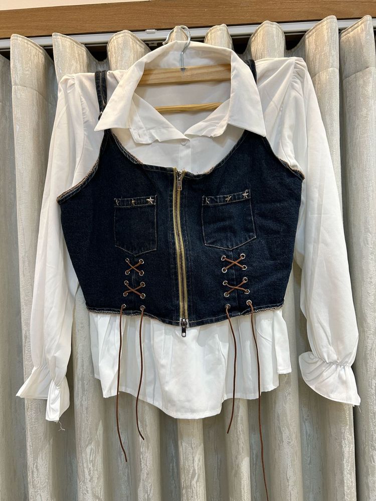 Denim Vest with White Blouse Set