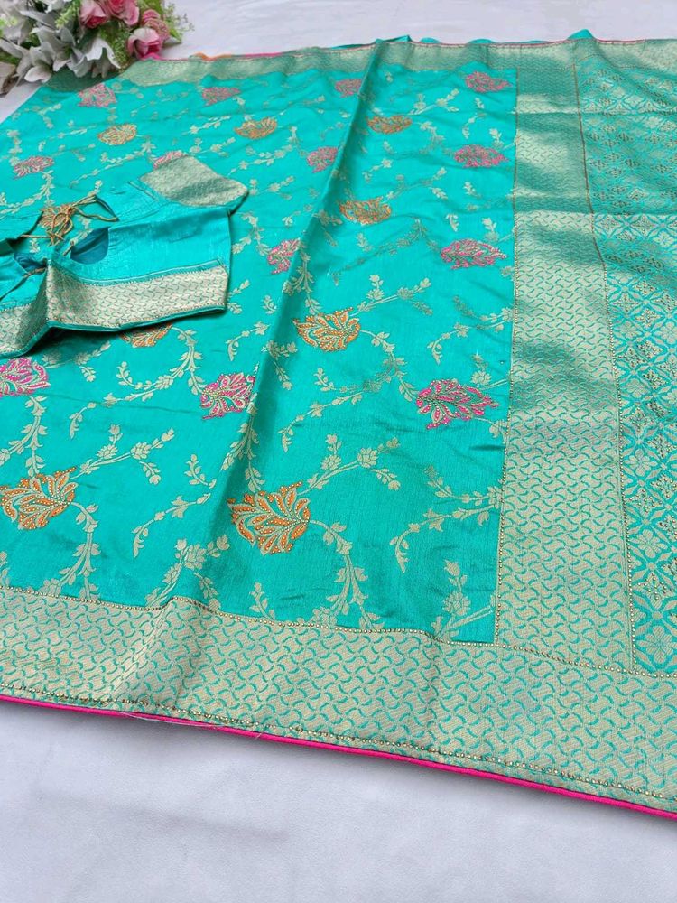 Teal Banarasi Silk Saree with Blouse