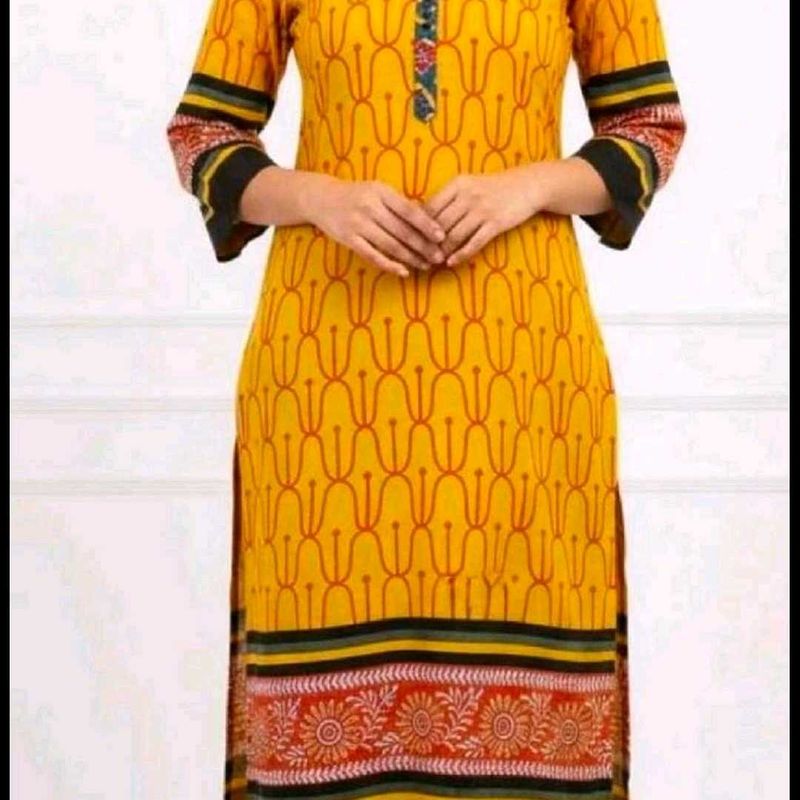 a )Yellow Printed Kurti with knot at back
