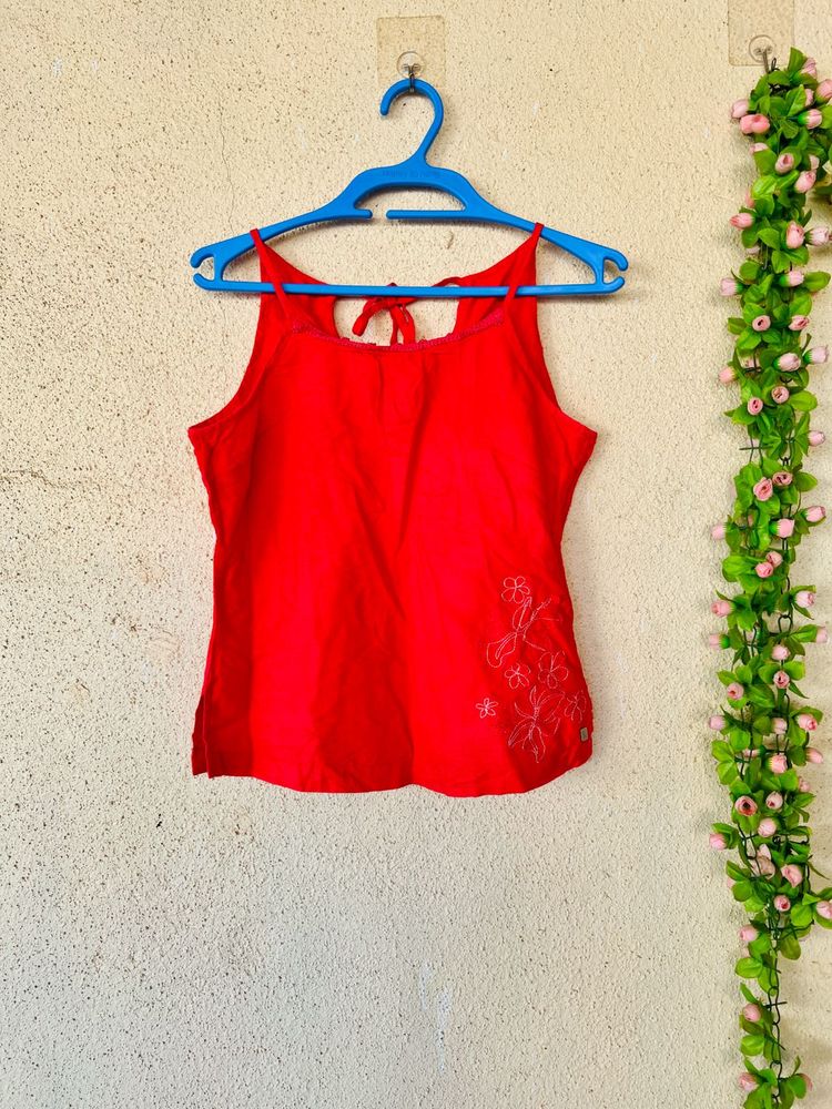 Vibrant Red Tank Top with Floral Embroidery