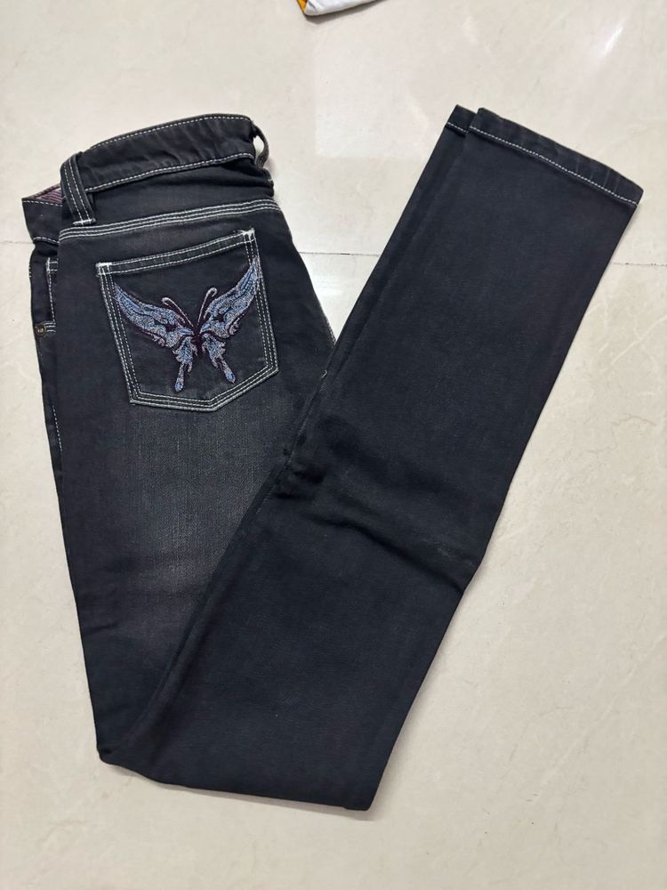 Black Jeans with Butterfly Embroidery