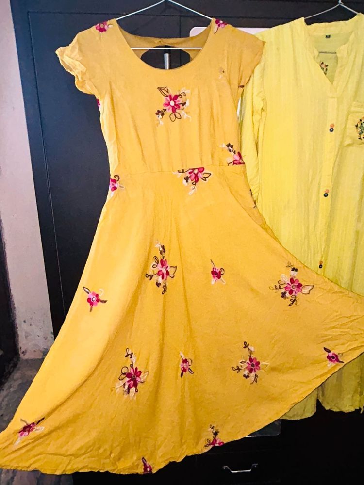 Combo of Yellow embroidered Kurta and  Mustard Flo