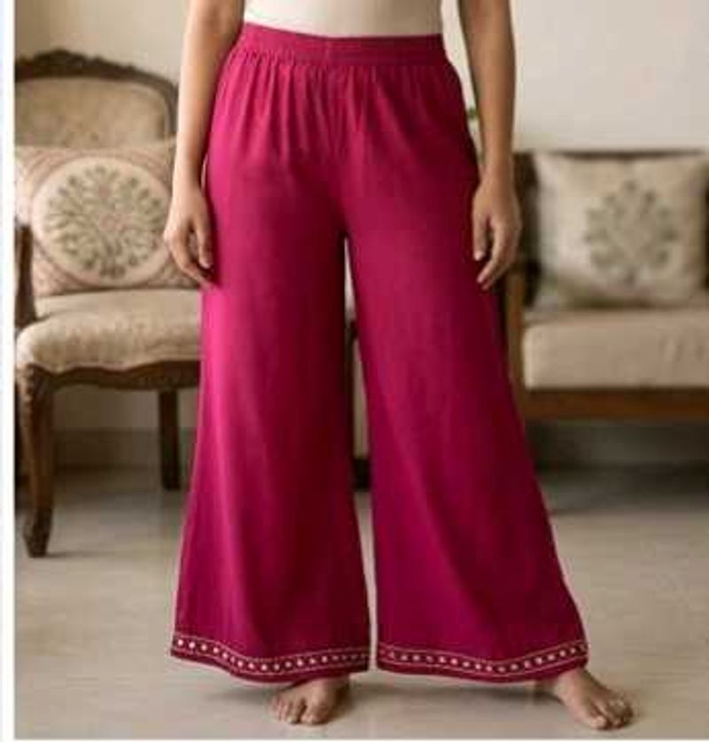 Vibrant Red Palazzo Pants with Embellished Hem