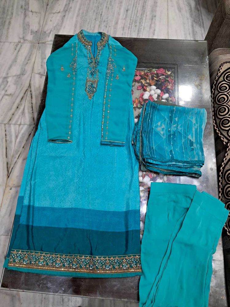Elegant Teal Ombre Kurta Set with Dupatta