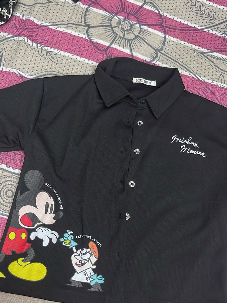 Black Mickey Mouse Graphic Collared Shirt